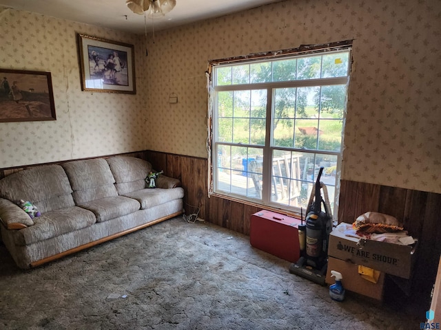 carpeted living room with wooden walls and a wealth of natural light