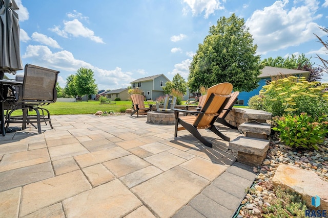 view of patio / terrace featuring a fire pit