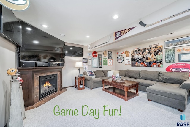 living room with a fireplace and carpet