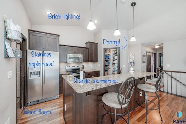 kitchen featuring dark brown cabinets, stainless steel appliances, decorative light fixtures, light hardwood / wood-style floors, and lofted ceiling