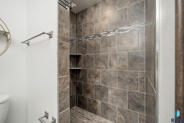 bathroom with a tile shower and toilet