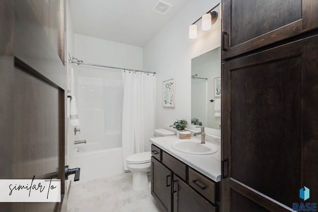 full bathroom featuring vanity, toilet, and shower / bathtub combination with curtain