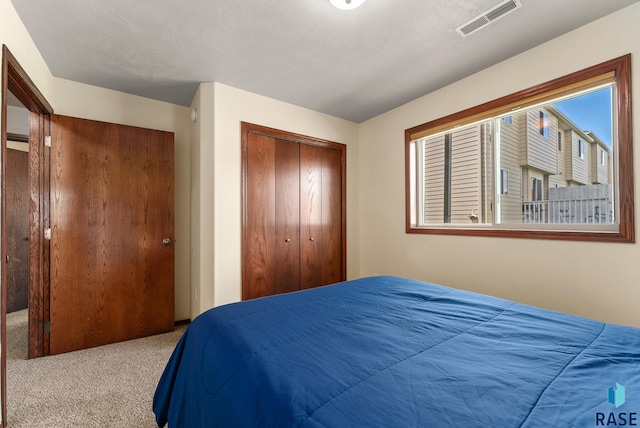 carpeted bedroom featuring a closet and a textured ceiling