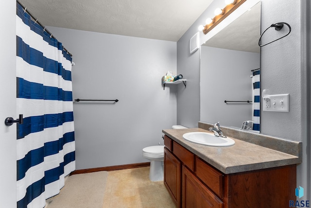 bathroom with vanity, a textured ceiling, toilet, and a shower with shower curtain