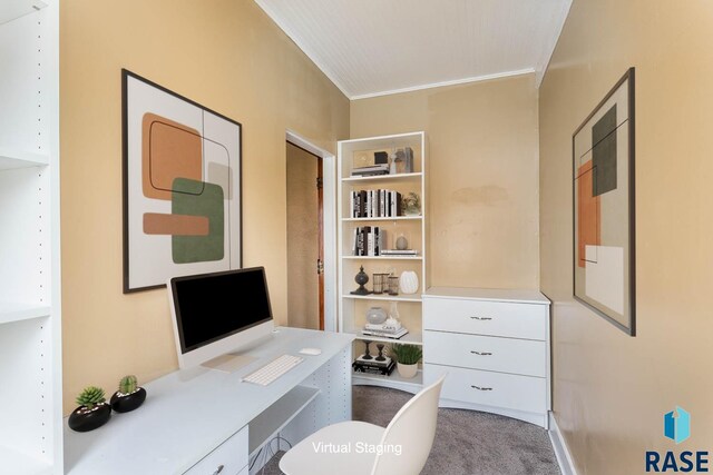 office with crown molding and light carpet