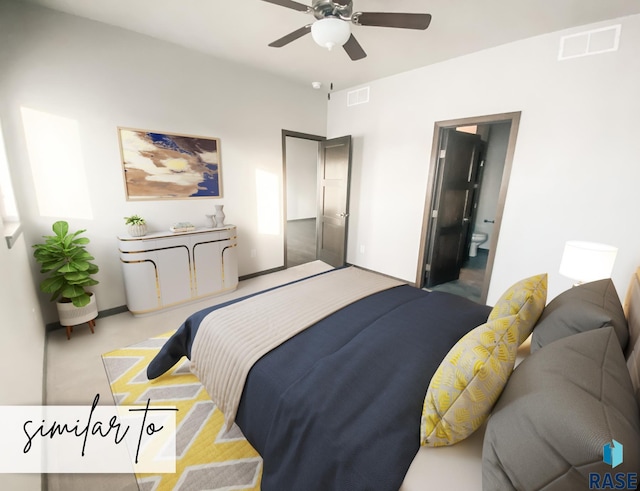 bedroom with ensuite bathroom, ceiling fan, and carpet floors