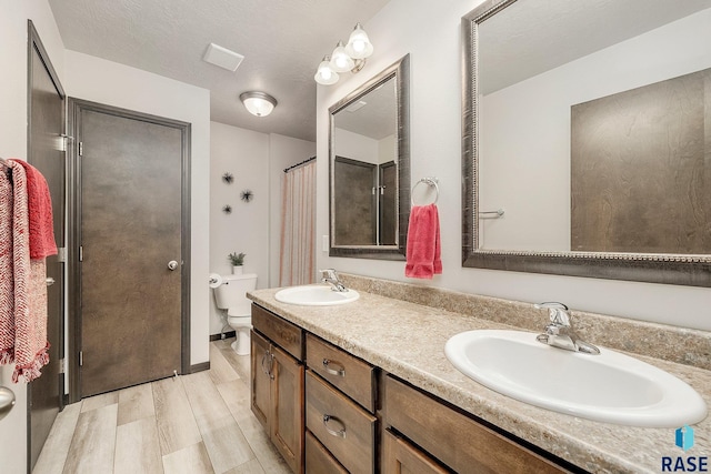 bathroom with hardwood / wood-style floors, vanity, toilet, and a textured ceiling