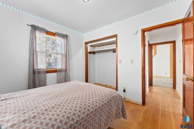 bedroom featuring light hardwood / wood-style flooring and a closet