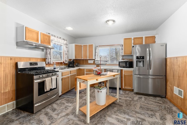 kitchen featuring sink, wooden walls, a textured ceiling, appliances with stainless steel finishes, and extractor fan