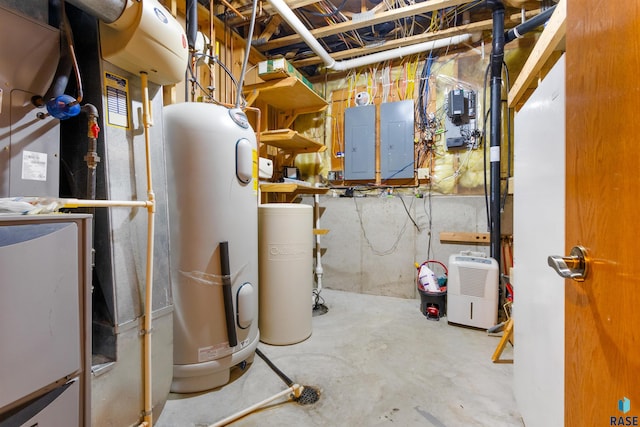 utility room featuring electric panel and electric water heater