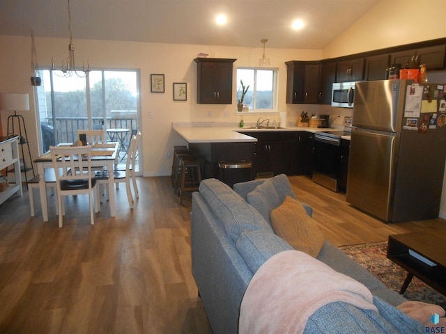 kitchen featuring appliances with stainless steel finishes, light wood-type flooring, vaulted ceiling, and pendant lighting