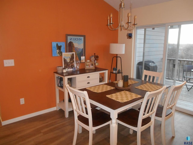 dining space with lofted ceiling, wood-type flooring, and a chandelier