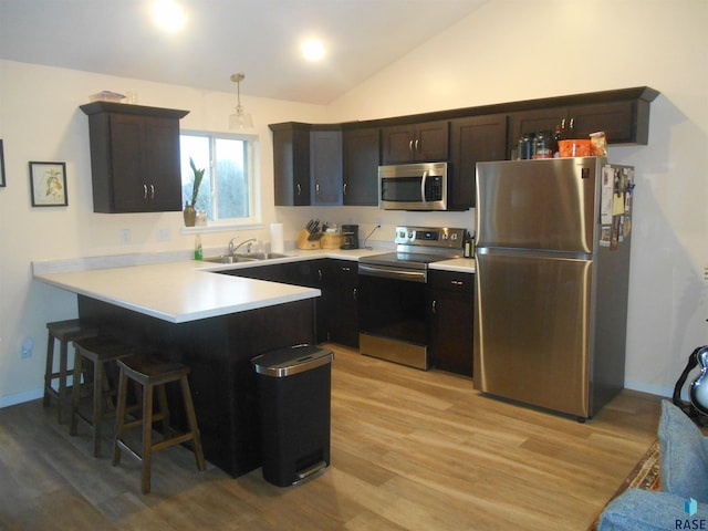 kitchen featuring lofted ceiling, stainless steel appliances, decorative light fixtures, and light wood-type flooring