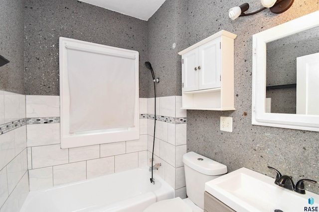 full bathroom with backsplash, washtub / shower combination, tile walls, and toilet