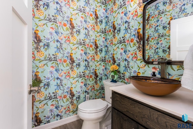 bathroom featuring wood-type flooring, vanity, and toilet