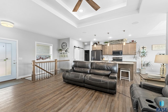 living room featuring a tray ceiling, a barn door, dark hardwood / wood-style flooring, and sink