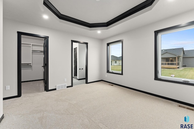 unfurnished bedroom featuring a raised ceiling, light colored carpet, and ornamental molding