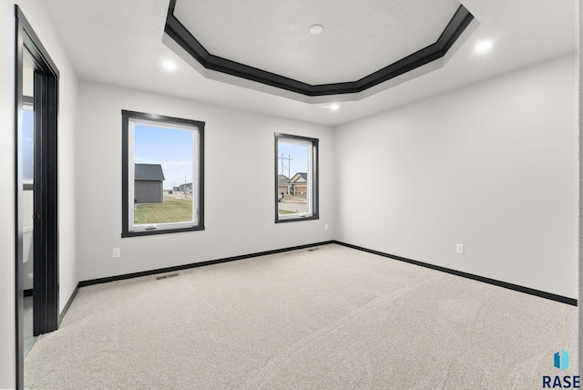 carpeted empty room featuring a raised ceiling and ornamental molding