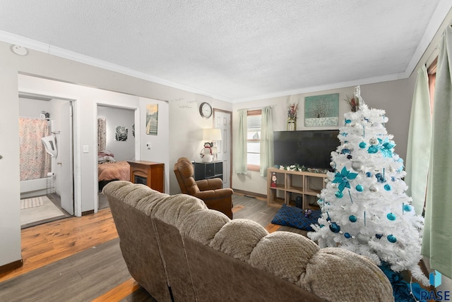 living room with ornamental molding, a textured ceiling, and hardwood / wood-style flooring