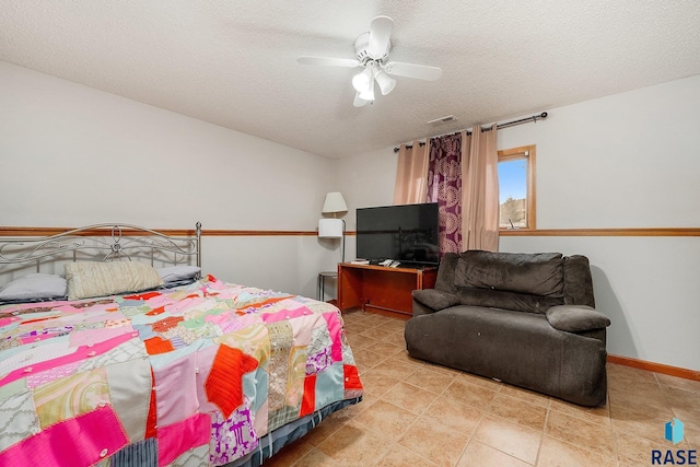 bedroom featuring ceiling fan and a textured ceiling