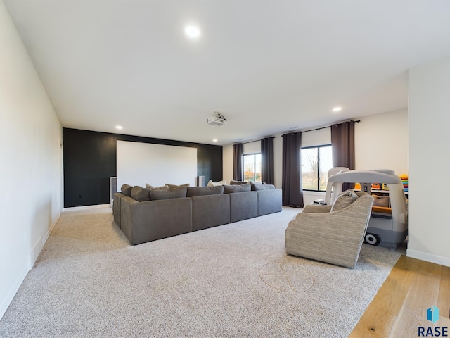 home theater room featuring light hardwood / wood-style flooring