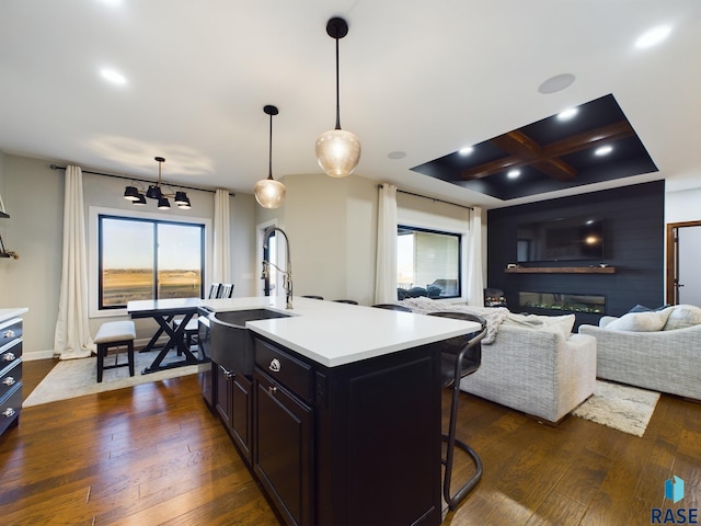 kitchen with a kitchen breakfast bar, a kitchen island with sink, plenty of natural light, and dark hardwood / wood-style floors