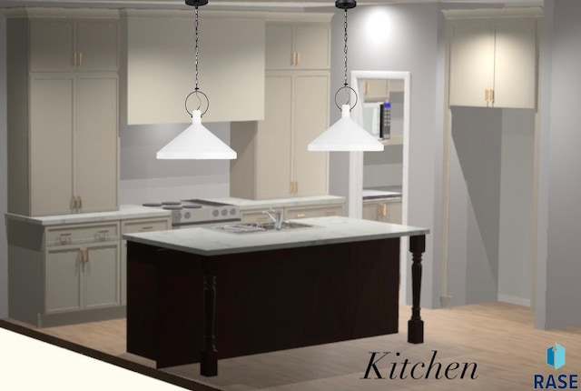 kitchen with a kitchen island with sink, sink, hanging light fixtures, and light hardwood / wood-style flooring