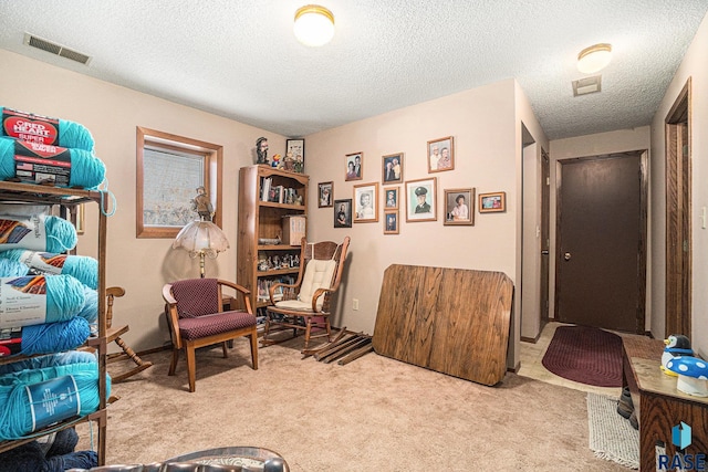 sitting room with light colored carpet and a textured ceiling