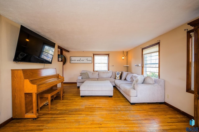 living room with light hardwood / wood-style floors and a textured ceiling