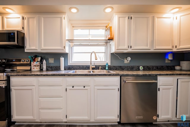 kitchen featuring white cabinets, dark hardwood / wood-style flooring, sink, and stainless steel appliances