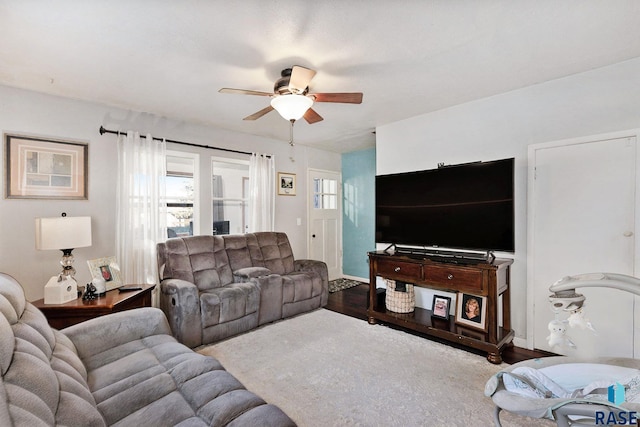 living room with ceiling fan and hardwood / wood-style floors