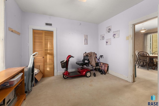 interior space featuring light colored carpet and a textured ceiling