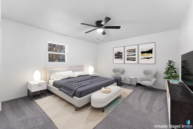 bedroom with ceiling fan and carpet floors