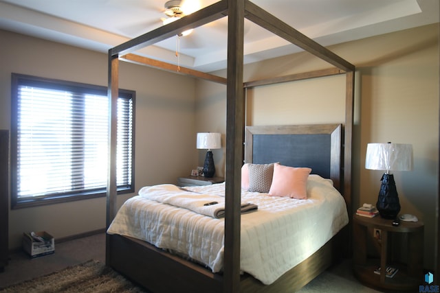 bedroom with ceiling fan, dark carpet, and a raised ceiling