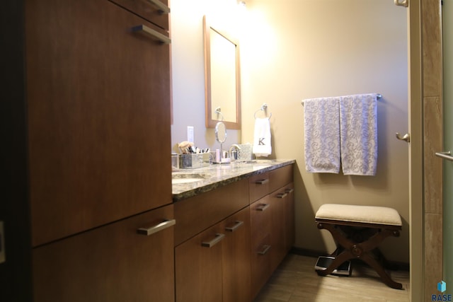 full bath with wood finished floors, a sink, and double vanity