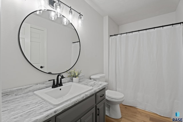 bathroom with hardwood / wood-style floors, vanity, and toilet