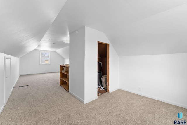 additional living space with light carpet and vaulted ceiling