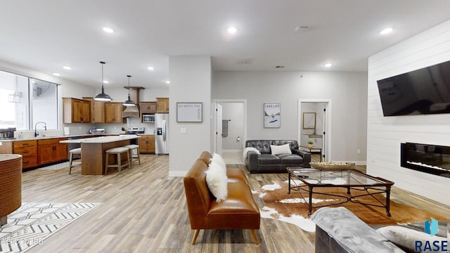 living room with a large fireplace, sink, and light hardwood / wood-style flooring