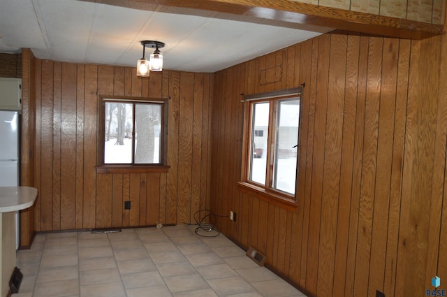 unfurnished dining area featuring wood walls and a wealth of natural light