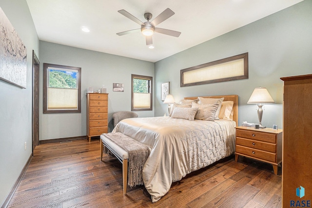 bedroom with multiple windows, ceiling fan, and dark hardwood / wood-style floors