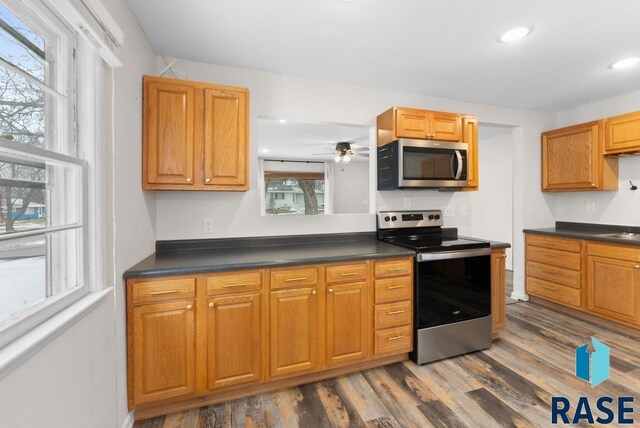 kitchen featuring dark hardwood / wood-style flooring, stainless steel appliances, plenty of natural light, and ceiling fan