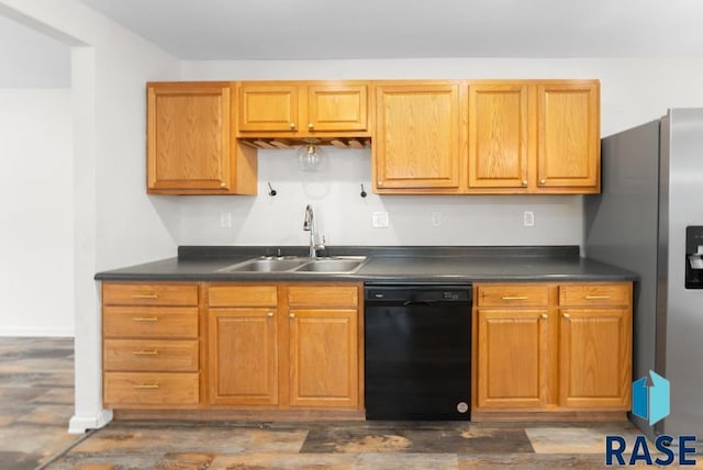 kitchen featuring dishwasher, stainless steel fridge with ice dispenser, dark wood-type flooring, and sink