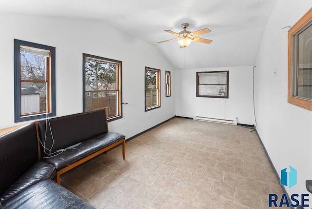 unfurnished room with baseboard heating, lofted ceiling, and ceiling fan