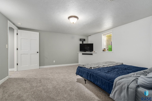 bedroom featuring carpet and a textured ceiling