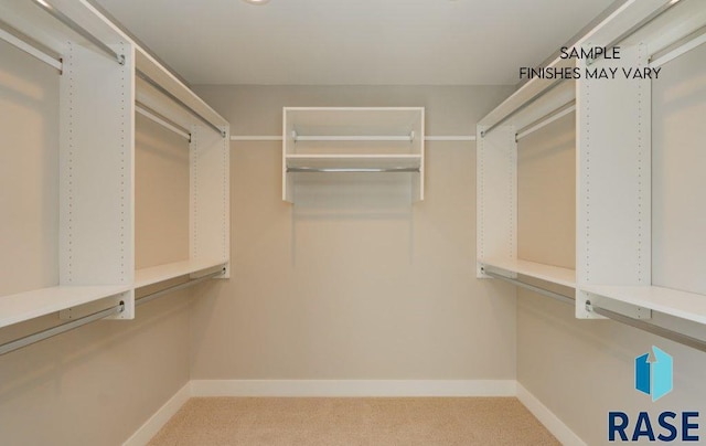 walk in closet featuring light colored carpet