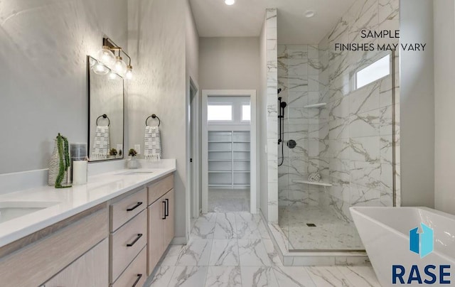 bathroom featuring shower with separate bathtub and vanity