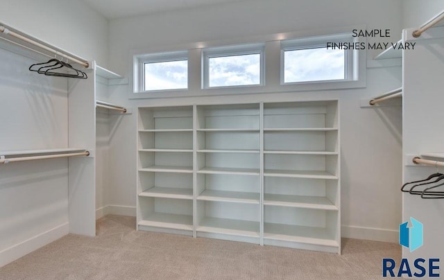 walk in closet featuring light colored carpet