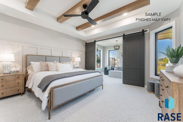 bedroom featuring a barn door, wainscoting, beamed ceiling, carpet floors, and a decorative wall