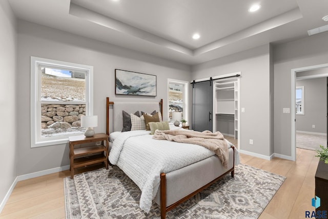 bedroom featuring a raised ceiling, a barn door, a spacious closet, and light hardwood / wood-style flooring