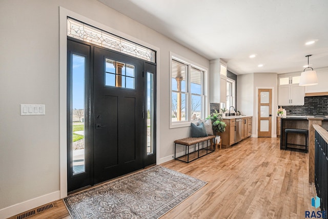 foyer entrance with light hardwood / wood-style flooring, a wealth of natural light, and sink